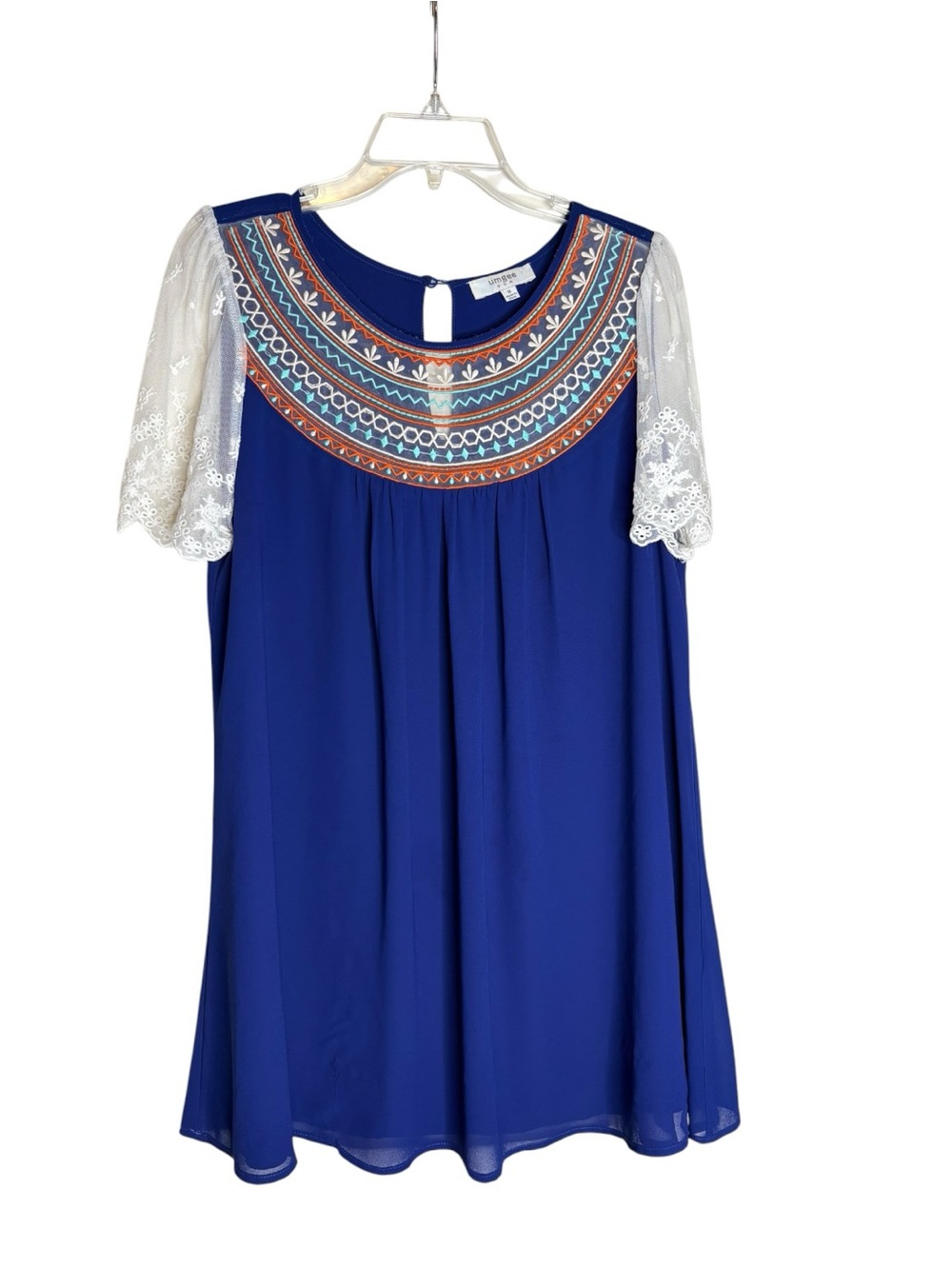 Umgee Tunic Top Medium Blue Embroidered Lace Sleeve Boho